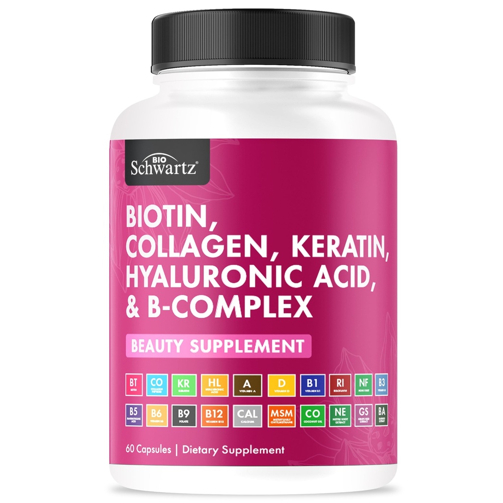 BioSchwartz Biotin Collagen Keratin Supplement - Hair Vitamins for Women - 10000mcg Biotin with Hyaluronic Acid & B Complex - Non-GMO 60 Capsules Beauty Supplement - Hair and Nails Vitamins for Women