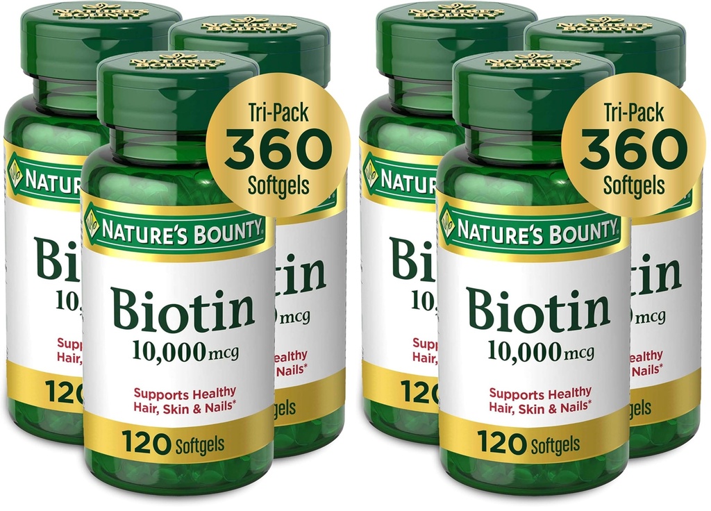 Nature's Bounty Biotin Hair Skin and Nails Vitamins,Supports Healthy Hair,Skin and Nails,10,000 mcg,120 Count (Pack of 6)