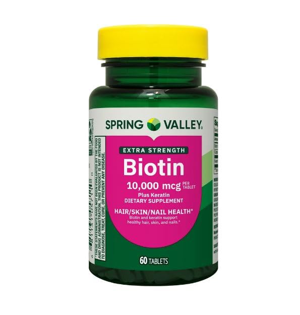 H4U Spring Valley Extra Strength Biotin Plus Keratin Dietary Supplement Tablets for Hair/Skin/Nail Health, 10,000 mcg, 60 Count
