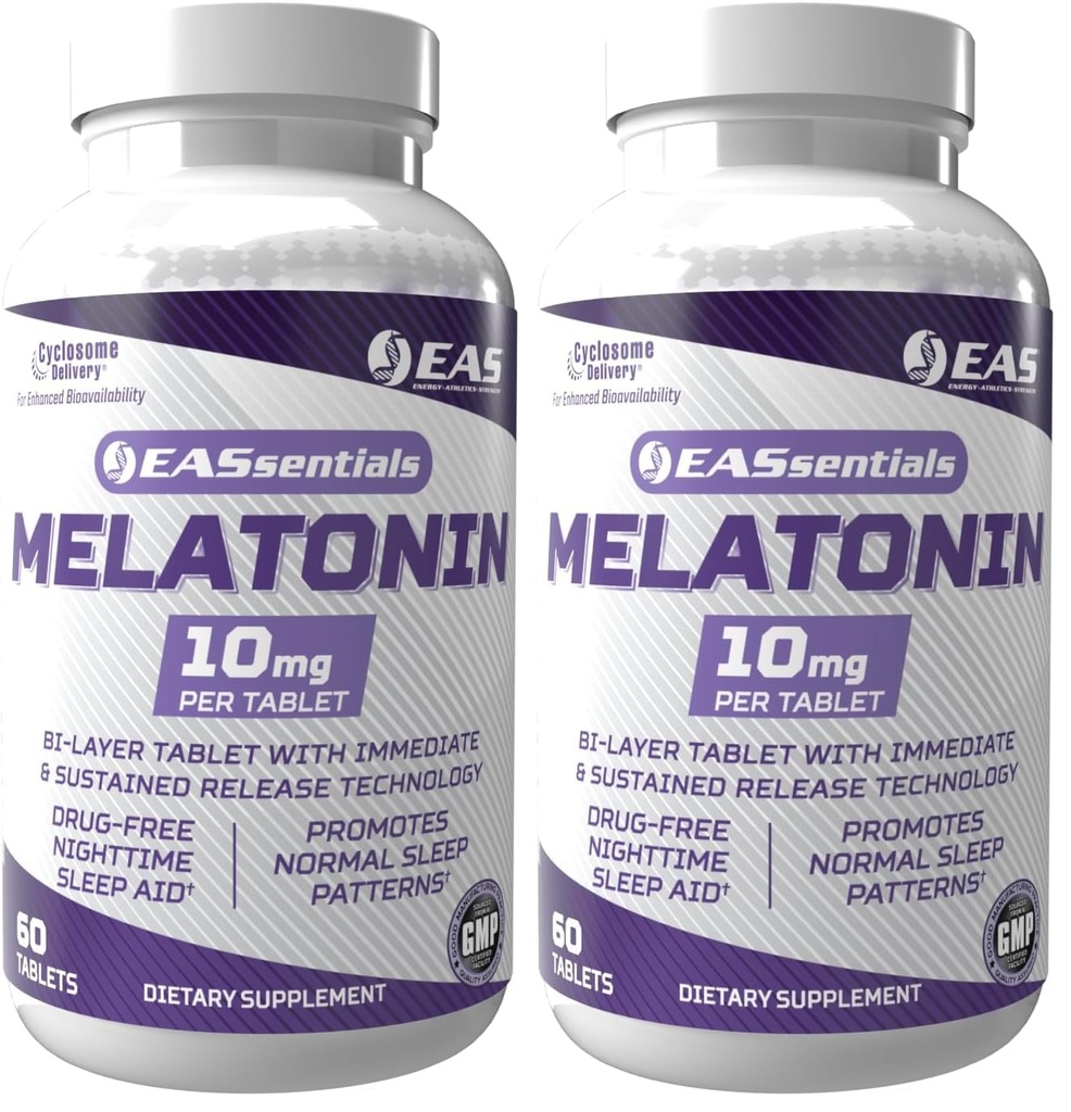 EAS Melatonin 10mg | Drug-Free Nighttime Sleep Aid | Immediate & Sustained Release Technology | Better Absorption with Cyclosome Delivery | 60 Tablets (Pack of 2)