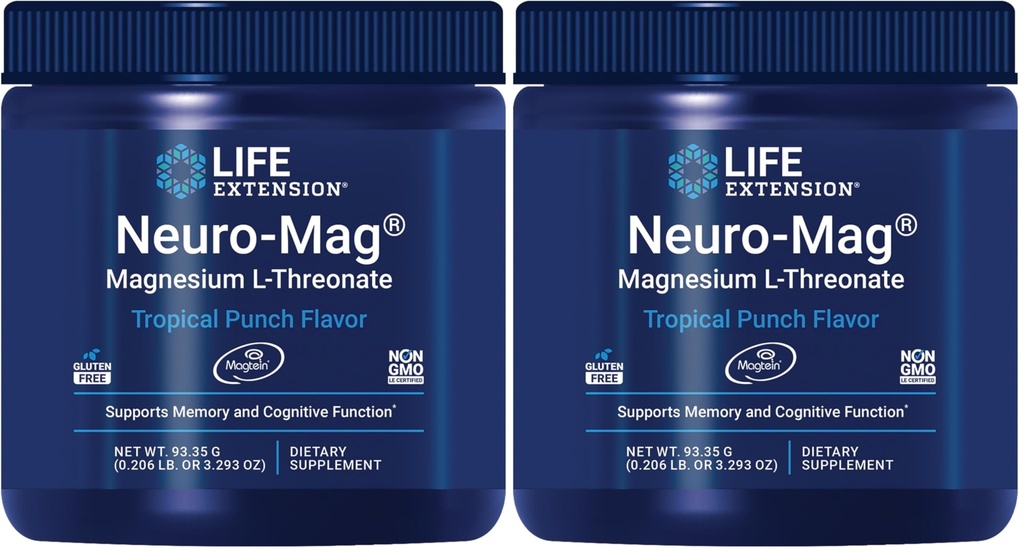 Life Extension Neuro-Mag Magnesium L-Threonate Powder (Tropical Punch)-Ultra-Absorbable Magnesium-Supports Memory,Focus,Cognitive Function&Mood-Gluten free,Non-GMO,Vegetarian (30 Servings),(Pack of 2)