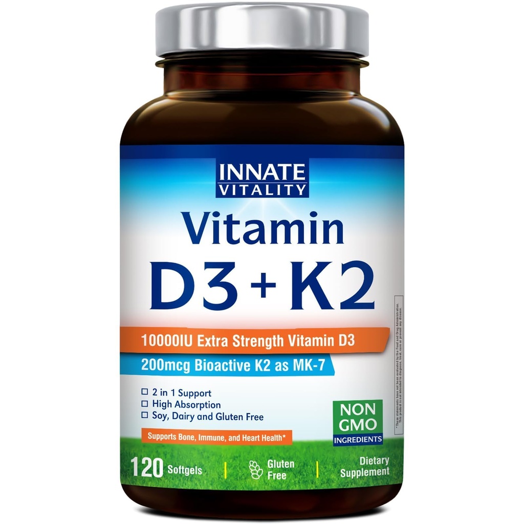 Innate Vitality Vitamin D3 K2 Supplement, High Potency Vitamin D3 10000 IU & Vitamin K2 (MK-7) 200 mcg, Supports Bone, Teeth, Heart & Immune Health, Non-GMO, Gluten Free, 120 Softgels