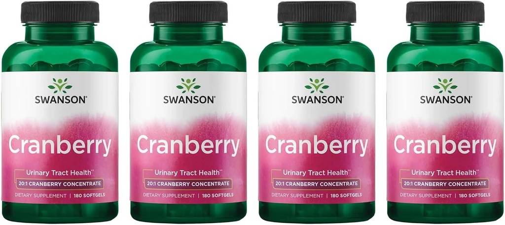 Swanson Cranberry - Asistencias Urinary Tract Health, control de vejiga " promueve la función sana del riñón - Suplemento Hecho con 20:1 Cranberry Juice Concentrate - (180 Softgels) 4 Pack