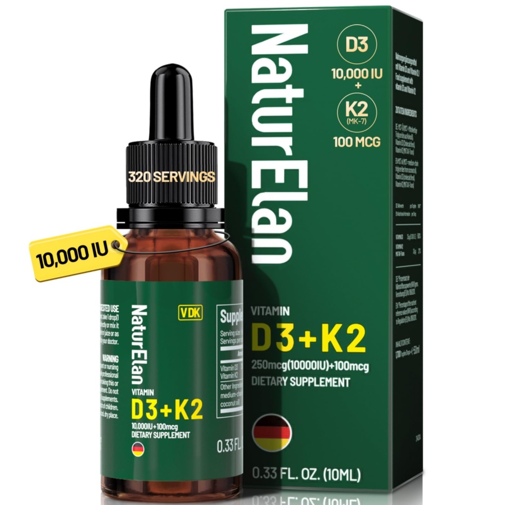Organic Vitamin D3 K2 Drops with MCT Oil, 10,000 IU Vitamin D Liquid Drops + 100mcg K2(MK-7), 320 Servings, Supports Bone, Immune, Heart & Teeth Health, Third-Party Tested, Vegan, Non-GMO, Gluten Free