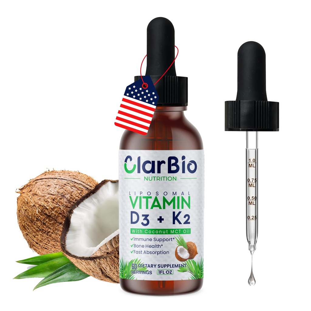 Liposomal Vitamin D3 K2 (MK-7) Liquid Drops with MCT and Olive Oil | Vitamin D3 5000iu | Bone & Heart Health | Immune & Joint Support Supplement | Maximum Absorption| Made in USA