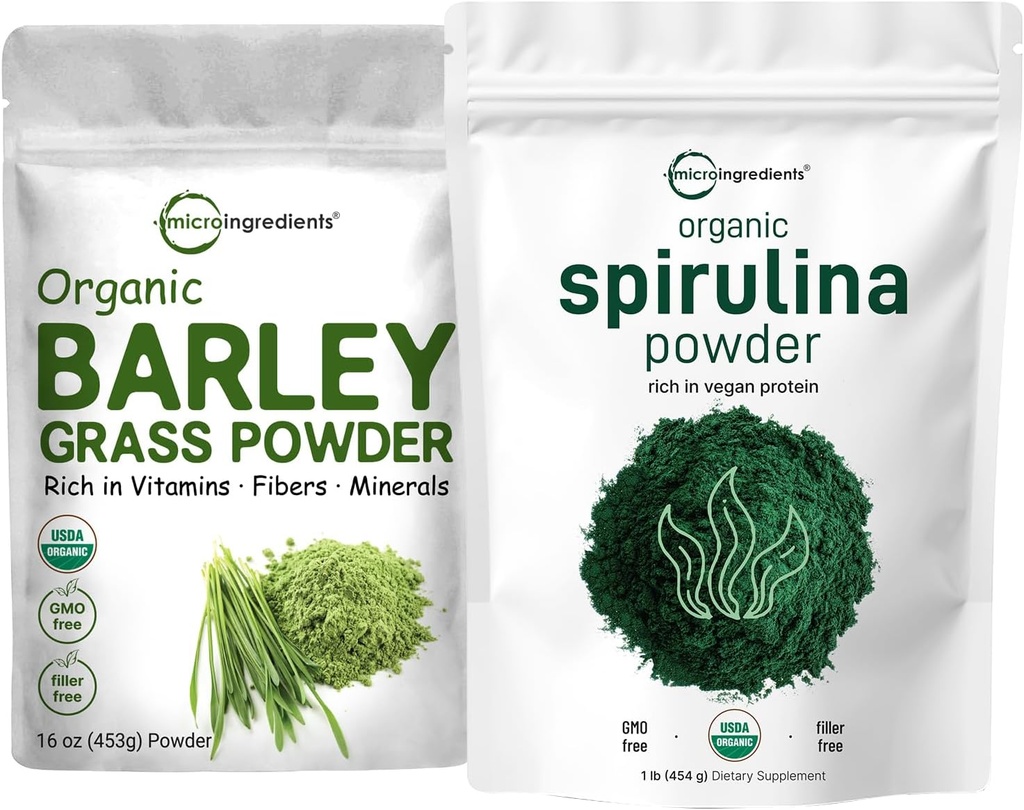 Micro Ingredientes Espirulina Orgánica Polvo 1lb & Orgánica Barley Grass Powder 16oz Bundle 2 Pack ← Superalimentos crudos ¦ Rich in Vegan Protein, Fibers, Minerals, & Vitaminas