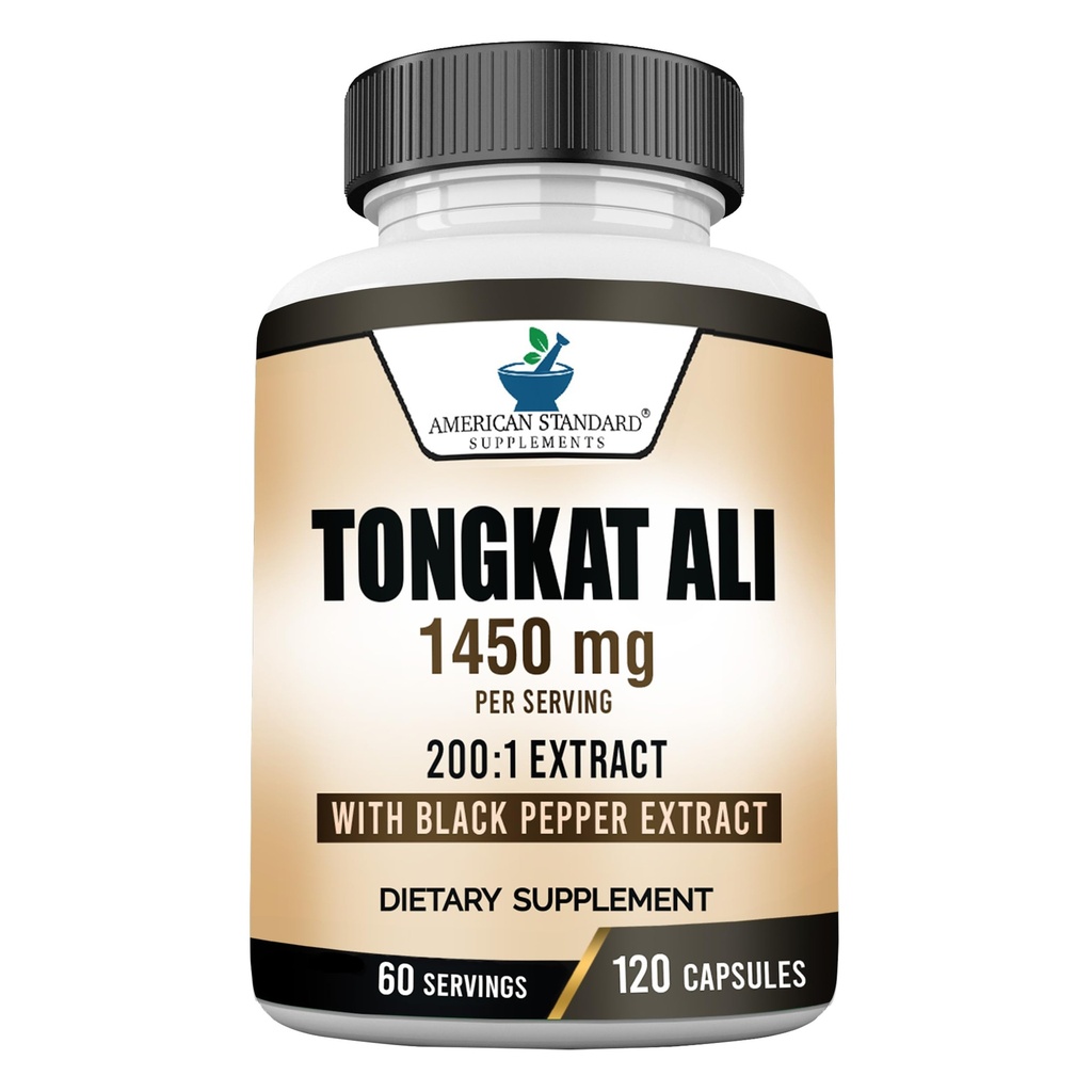 American Standard Supplements Tongkat Ali Extract 200:1 – 1450mg Per Serving with Black Pepper Fruit Extract – 120 Capsules, 60 Days Supply