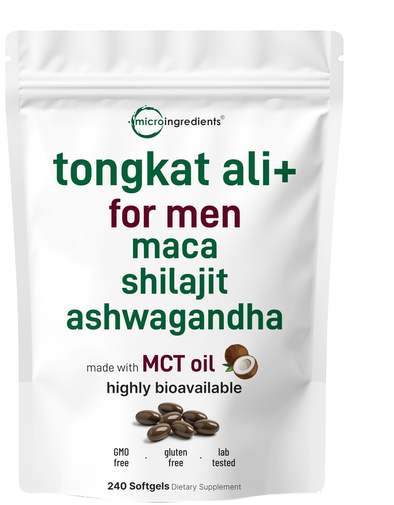 Tongkat Ali+ for Men with Maca, Shilajit, & Ashwagandha | 240 Softgels with MCT Oil for Better Absorption | Max Strength Eurycoma Longifolia Extract (Longjack) | Non-GMO, Gluten Free