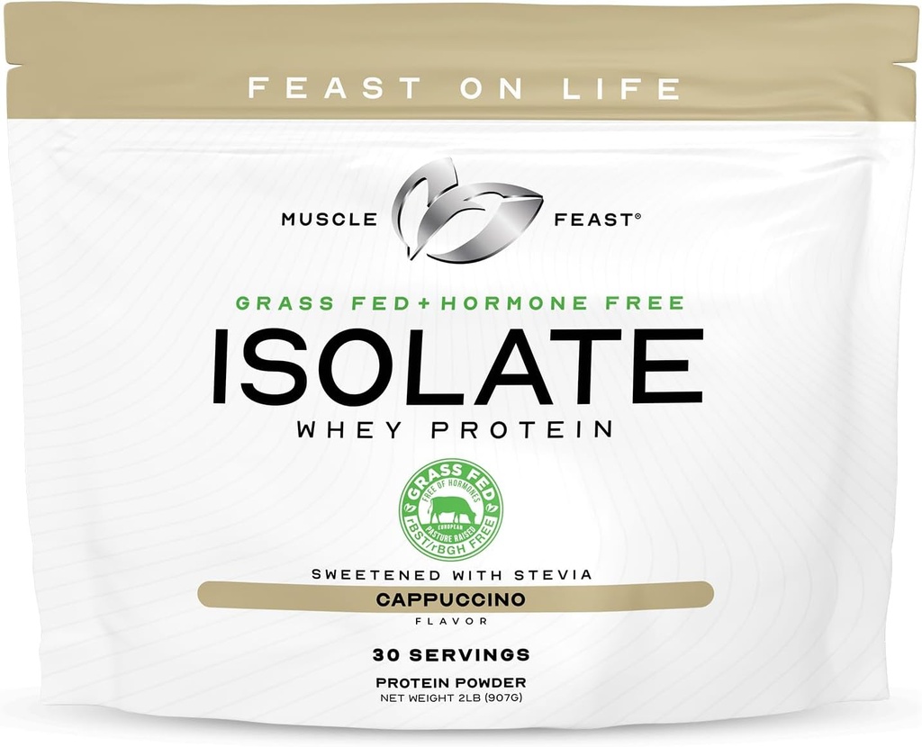 Muscle Feast Grass-Fed Whey Protein Isolate, All Natural Hormone Free Pasture Raised, Whey Isolate Protein Powder for Hombre and Women, Clean, Gluten-Free, Delicious Isolate Protein - Cappuccino, 2lb
