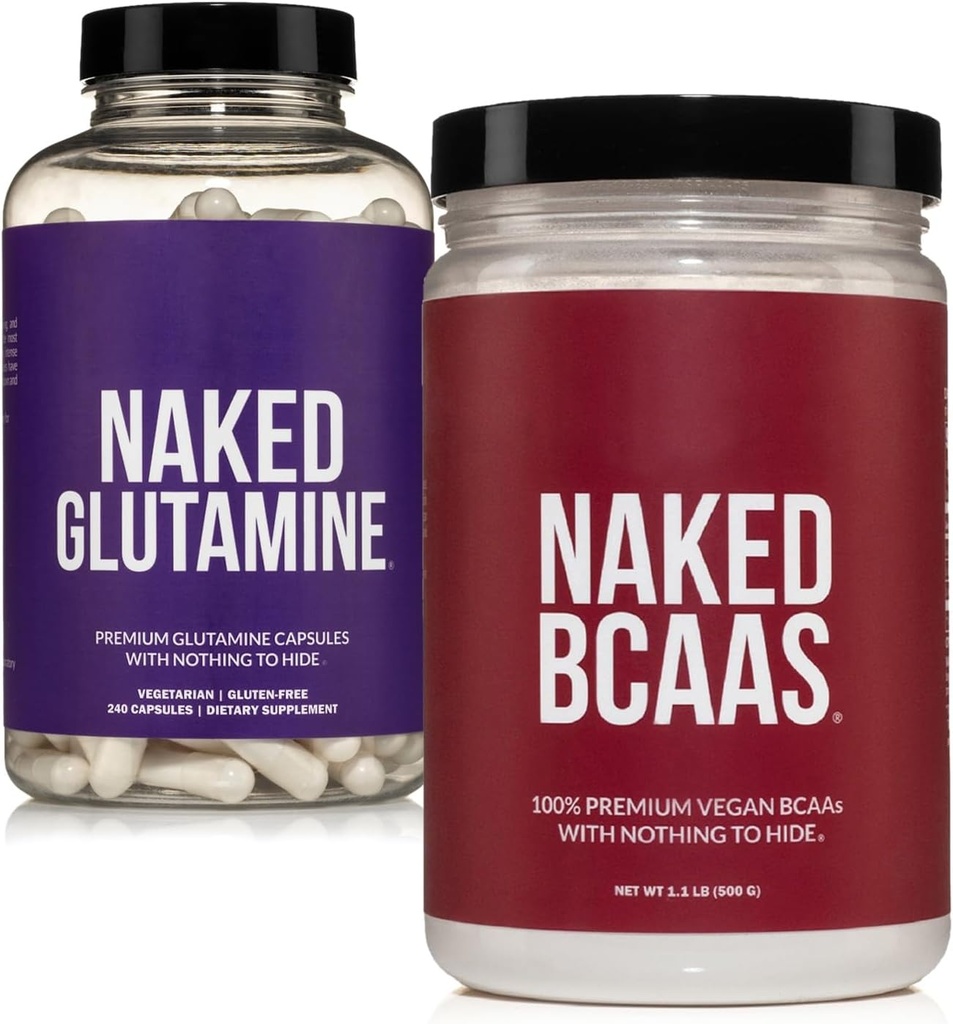 NAKED Unflavored BCAAs 100 Sevings + Pure L-Glutamine 240 Capsules Bundle: Non-GMO, Gluten Free, Muscle Recovery, Nothing Artificial