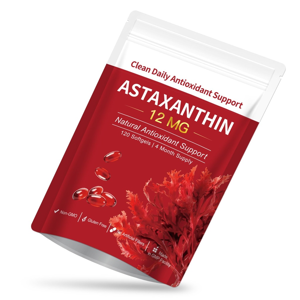 Astaxanthin 12mg Softgels for Daily Fatigue & Oxidative Stress Natural Antioxidant from Haematococcus Pluvialis, Supports Skin & Eye Health, General Wellness Support,120 Capsules