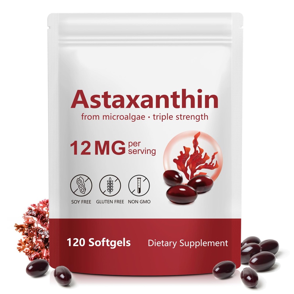 Astaxanthin 12mg, 120 Softgels - 4 Month Supply, Astaxanthin Supplements, Antioxidant Supplement Support Eye, Joint, Skin Health, Non-GMO & Gluten Free