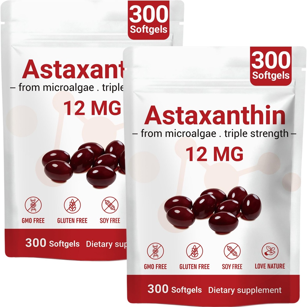 Astaxanthin 12mg - 2 Packs Potent Antioxidant Supplements for Eye, Skin, Fresh Microalgae Source, Promotes Immune Health & Internal Circulation, Non-GMO & Gluten Free, 600 Softgels