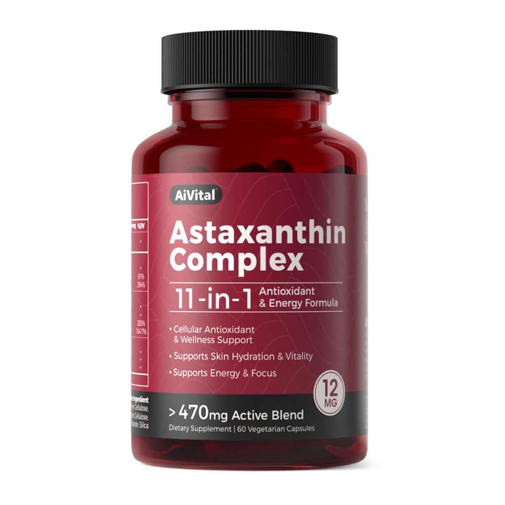 AiVital™ Astaxanthin 12mg,Natural Antioxidant Supplements from Microalgae,11-in-1 Astaxanthin Complex for Energy,Skin& Eyes Health, Non-GMO, Gluten Free,60 Capsules, 2-Month Supply