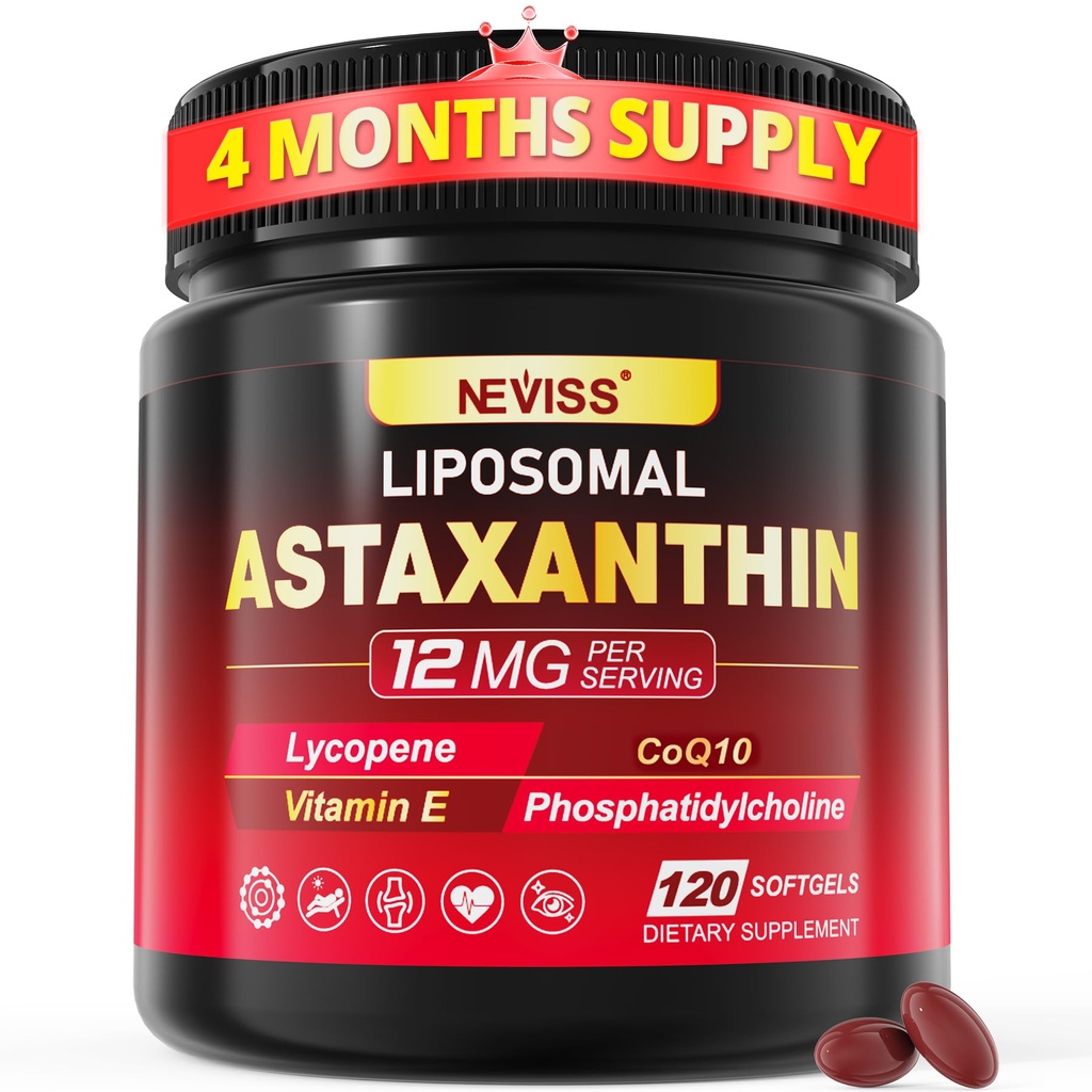 Liposomal Astaxanthin Supplements 12mg / 24mg with Lycopene, CoQ10, Lutein, Vitamin B6, E, Zinc, Coconut Oil - Fresh Microalgae Source Powerful Antioxidants for Healthy Skin, Eyes, Aging -120 Softgels