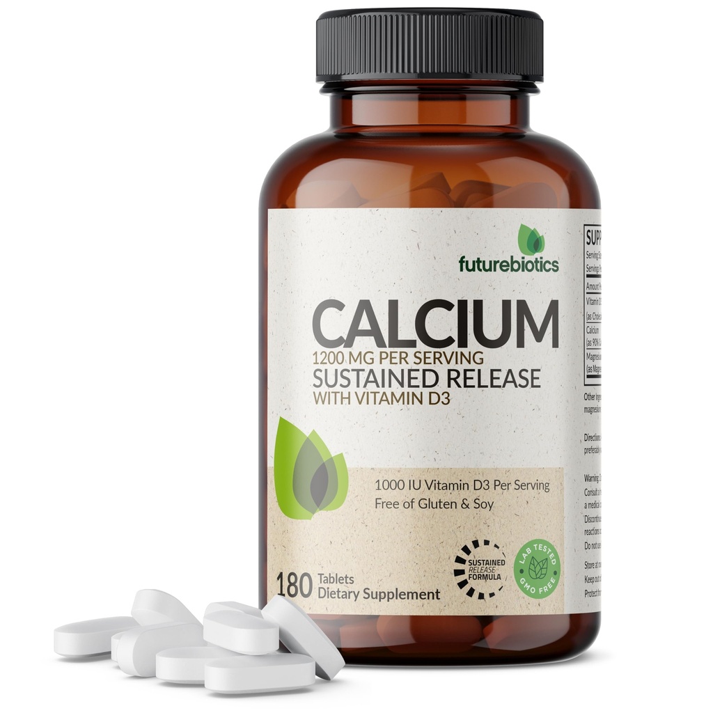 Futurebiotics Calcium 1200 MG Per Serving Sustained Release with Vitamin D3 1000 IU Per Serving Non-GMO, 180 Vegetarian Tablets
