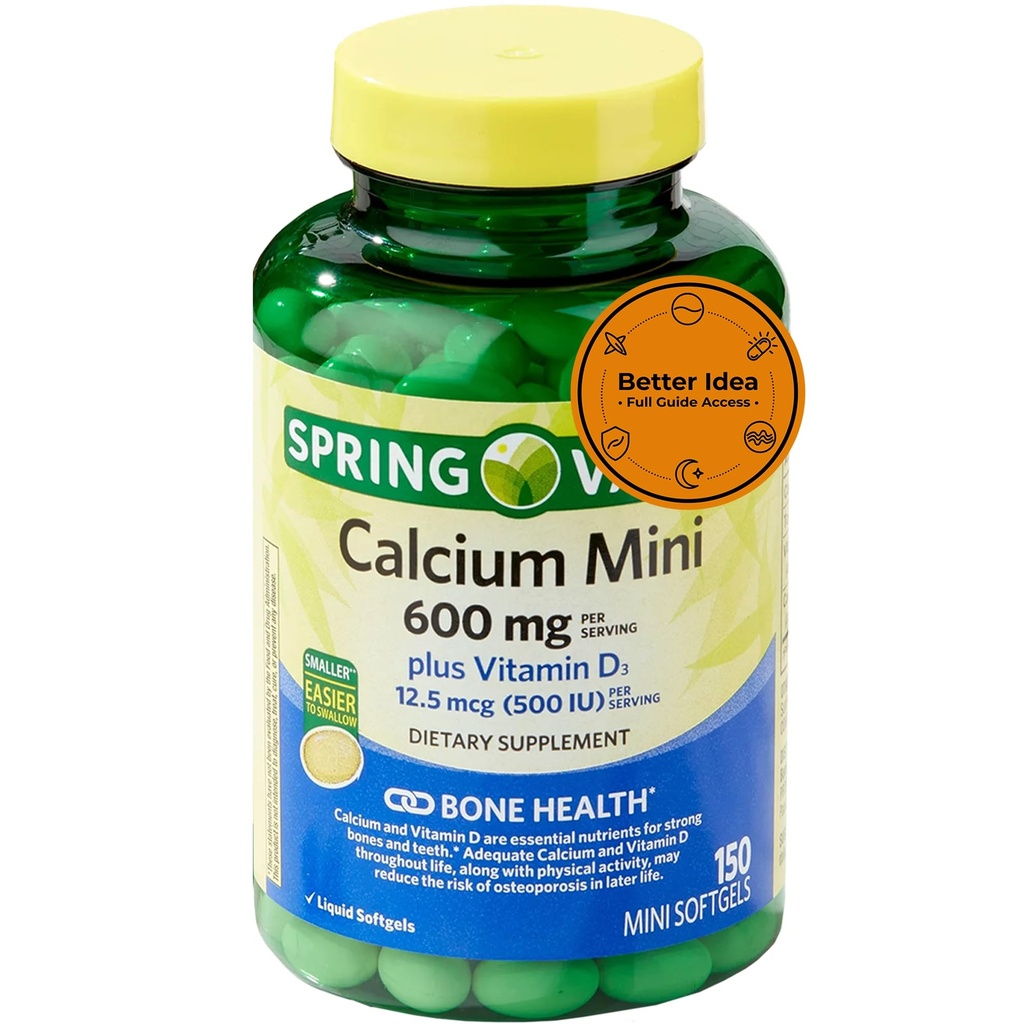 Spring Calcium Plus Vitamin D3 150 Mini Softgels | Calcium Supplement | Easier to Swallow | CaIcium 600 mg with Vitamin d3 | 150 Mini Softgels + Better Idea Sticker with Full Guide Access