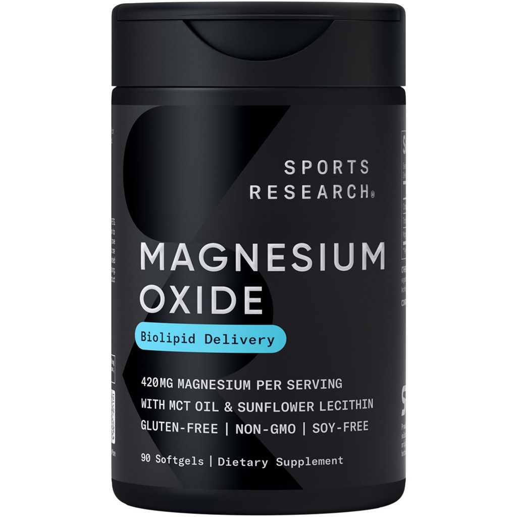 Sports Research® Magnesium Oxide 420mg with Coconut MCT Oil - Magnesium Supplement for Muscle, Nerve, and Bone Support* - Gluten-Free, Non-GMO - 90 Softgels