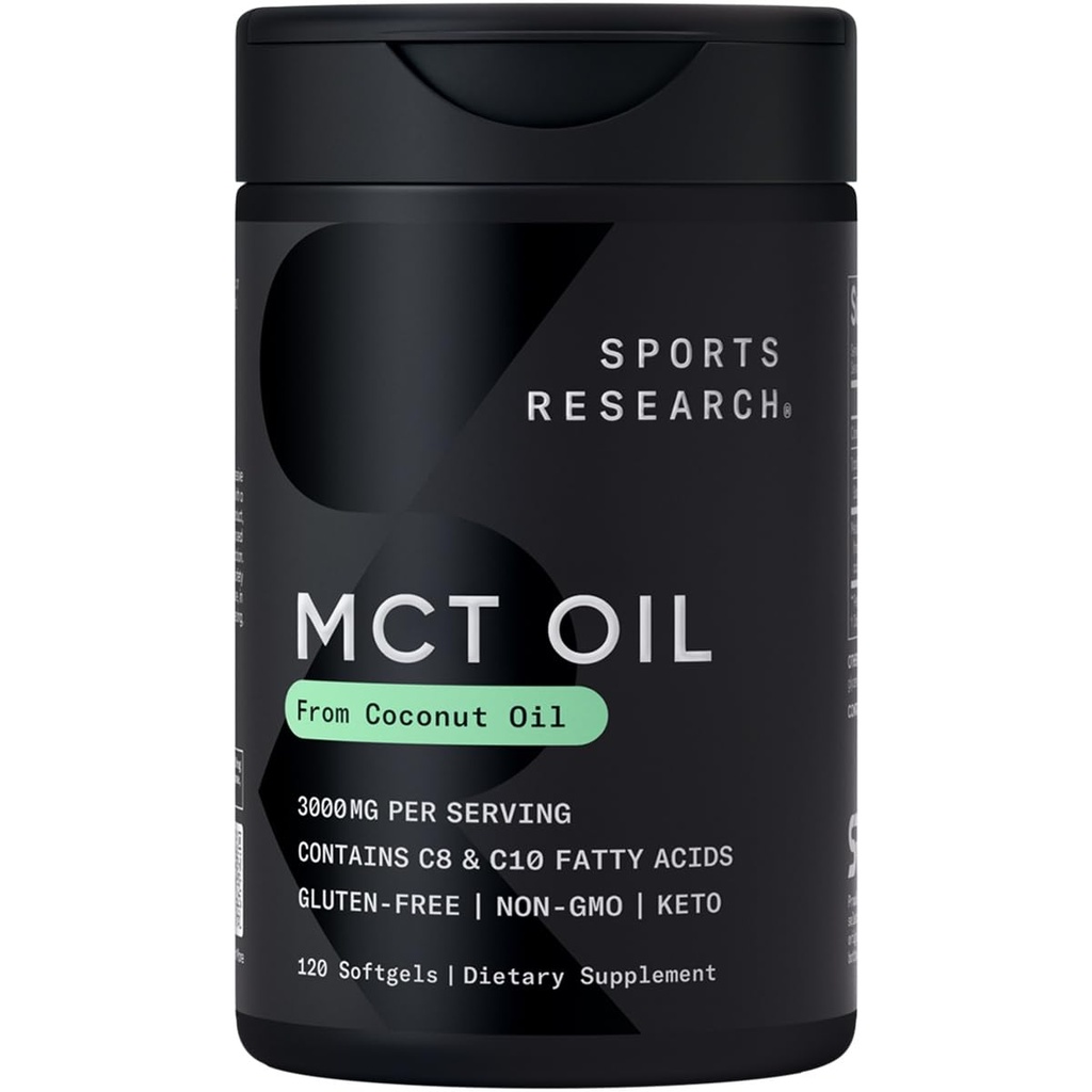 Sports Research MCT Oil Capsules derived from Coconut Oil | Keto Fuel for The Brain & Body | High Potency 3000 mg | Derived from Non-GMO Coconuts (120 Softgels)