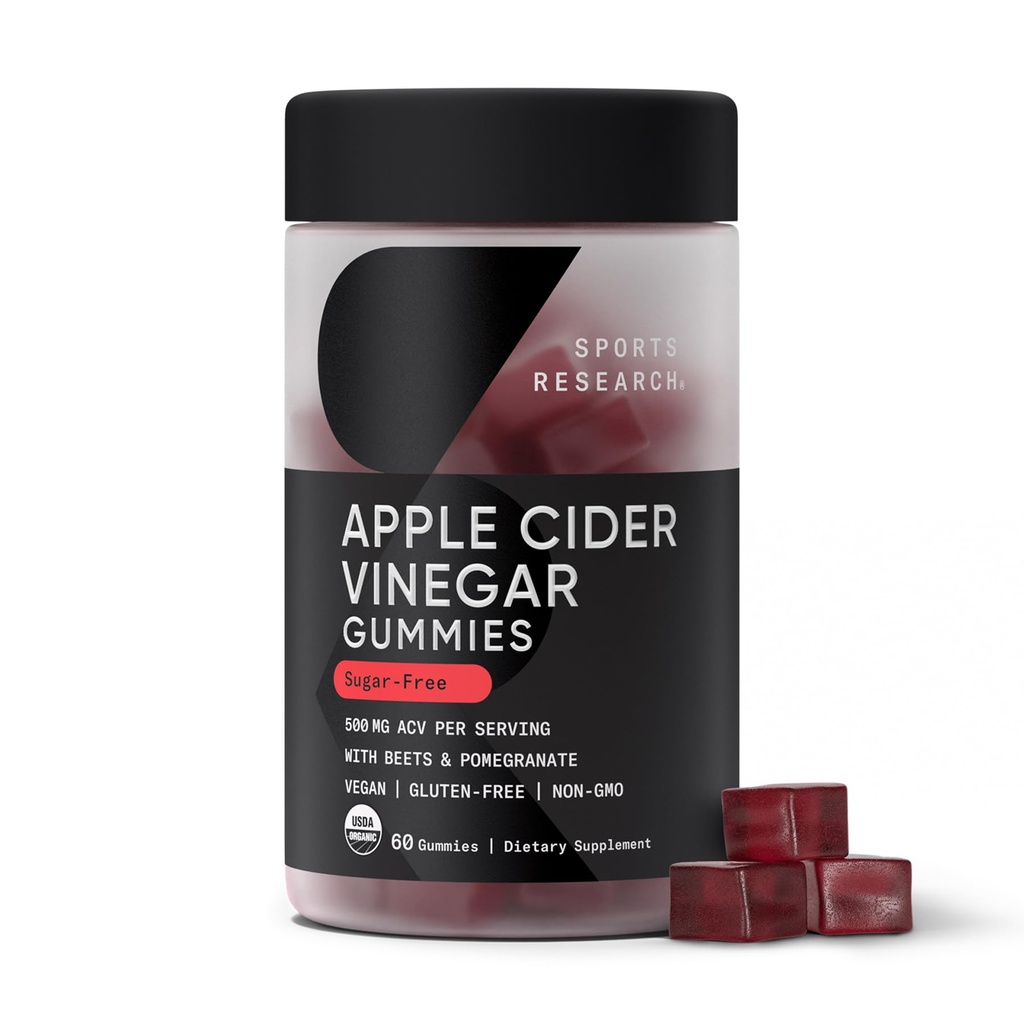 Sports Research Organic Apple Cider Vinegar Gummies - for Diet Cleanses & Digestion | 500mg | Non-GMO Tested, Certified Vegan, Gluten Free ACV - 60 Gummies for Adults, 1 Month Supply