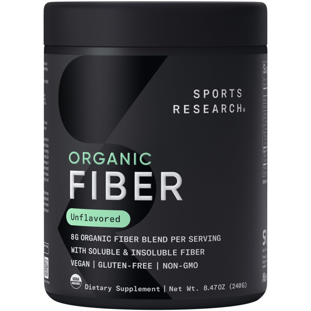 Sports Research® Organic Fiber Unflavored – Organic Fiber Powder - Daily Psyllium Husk and Prebiotic Agave Inulin, Helps Maintain Regularity* with Soluble & Insoluble Fiber - Easy to Mix, 30 Servings