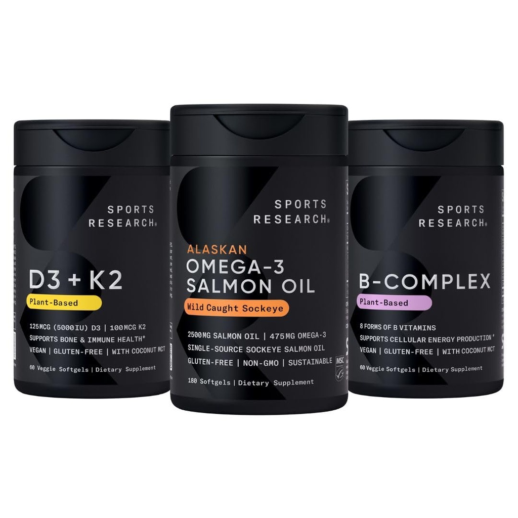 Sports Research® Supplements Pack - Omega 3 Salmon Oil + Vegan Vitamin D 5000iu & Mk7 Vitamin K 100mcg + Vitamin B-Complex