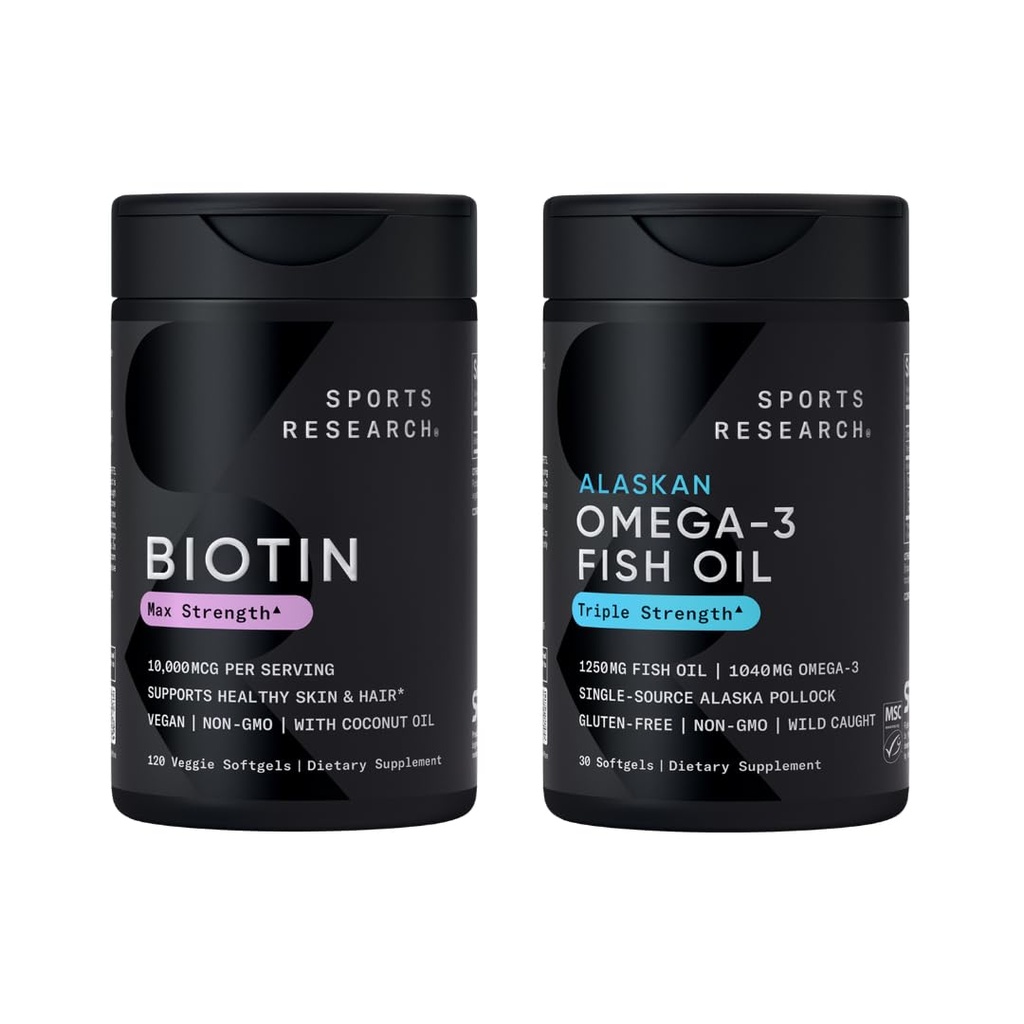 Sports Research Triple Strength Omega 3 Fish Oil 1250mg from Wild Alaska Pollock - Burpless Fish Oil Supplement with Omega3s EPA & DHA and Vegan Biotin 10,000mcg + Coconut Oil Max Strength B7 Vitamin