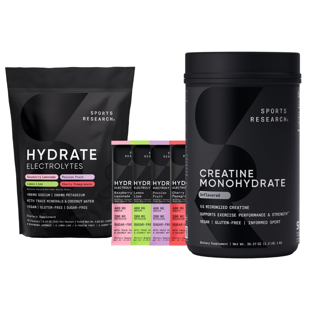 Sports Research® Gym Pro Pack - Creatine Monohydrate - Gain Lean Muscle, Improve Performance and Strength and Support Workout Recovery 2.2LB + Hydrate Electrolytes Powder Variety Pack