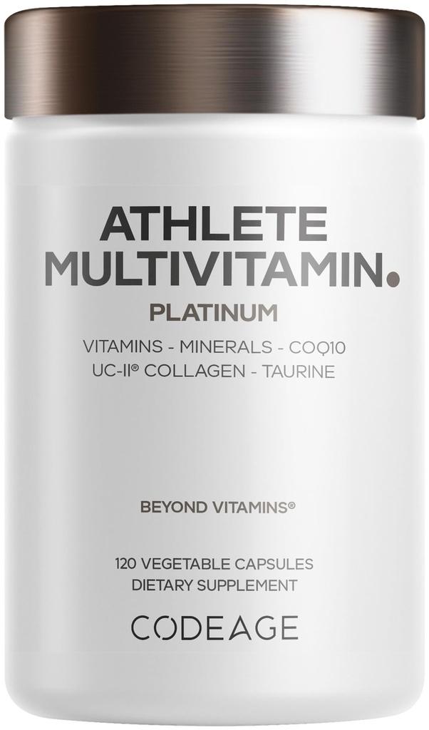 Codeage Athlete Multivitamin Platinum – Sports Supplement with Vitamins & Minerals, Folate, Iron & Magnesium, Creatine, Taurine, Electrolytes, CoQ10, PQQ, UC-II Collagen – Non-GMO – 120 Capsules