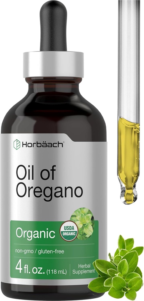 Horbäach Organic Oil of Oregano Drops 4 fl oz Liquid Silencio Vegan Silencio No GMO, Gluten Free