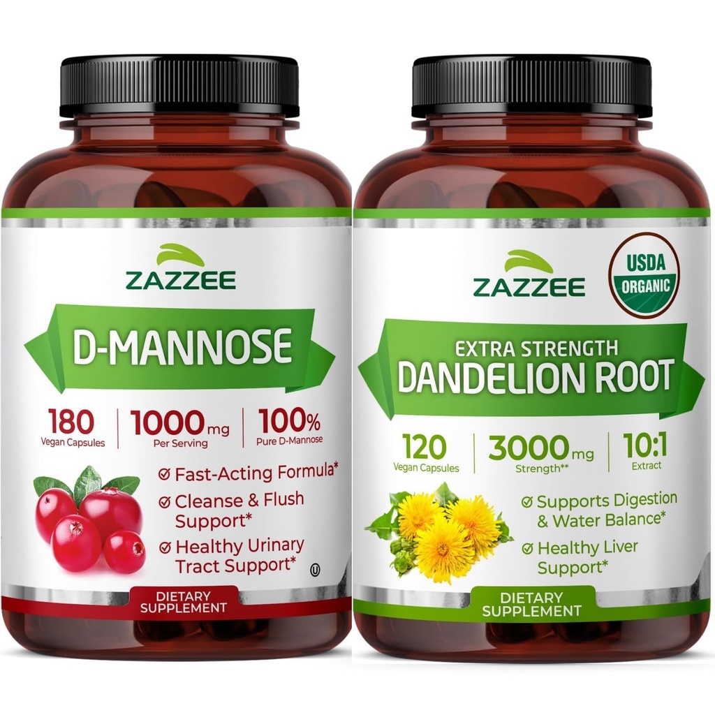 Zazzee Urinary Tract Cleanse & Detox Bundle | USDA Organic Dandelion Root Extract Capsules Plus D-Mannose 1000mg Capsules for UT & Bladder Cleansing