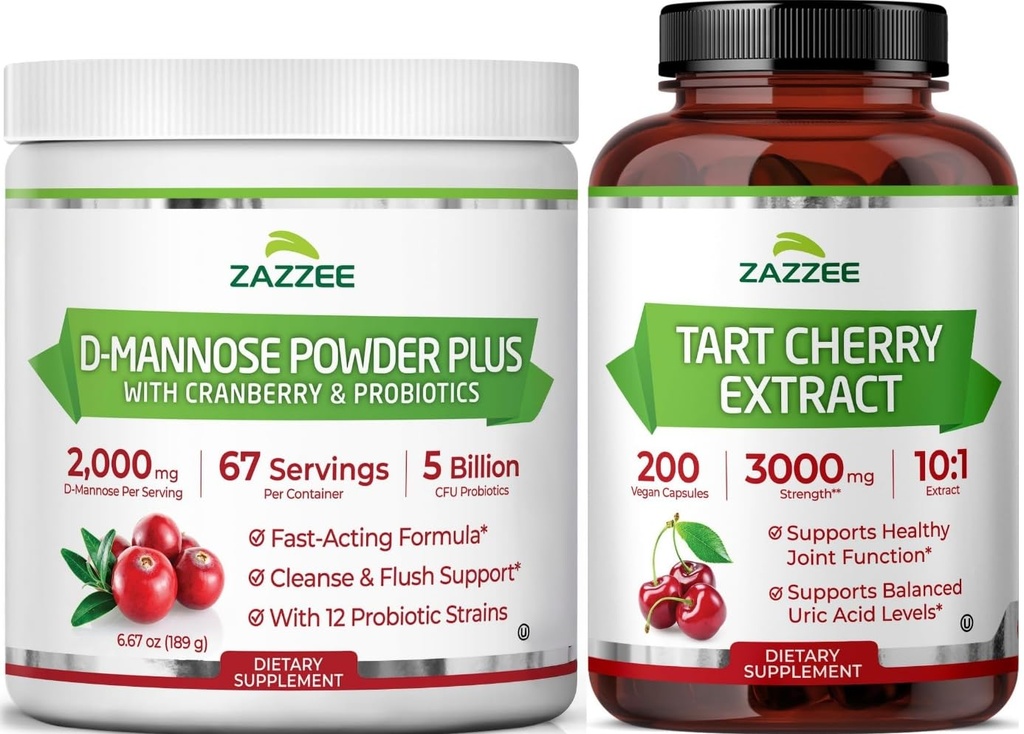 Zazzee Kidney Bladder & Urinary Tract Support Bundle | Super Concentrated Tart Cherry Extract Capsules Plus D Mannose with Cranberry Probiotics for Women | Non-GMO Vegan & ISO Lab Tested