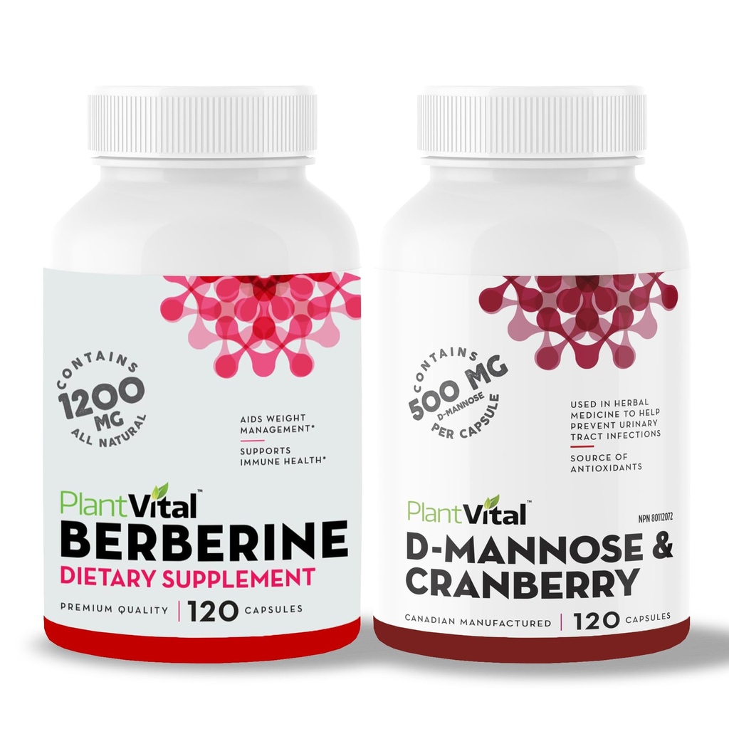 Plantvital Bundle Power Duo: Berberine 500mg-120 Capsules for Immunity & Cardio Health and D Mannose with Cranberry 1000mg-120 Capsules for Urinary Tract Support -Vegan, Non-GMO.