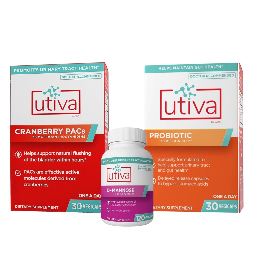 Szio+ 10% Bundle Utiva Cranberry PACs 30-Vegi Capsules + Utiva D-Mannose 120-Capsules + Utiva Probiotic 30-Vegi Capsules