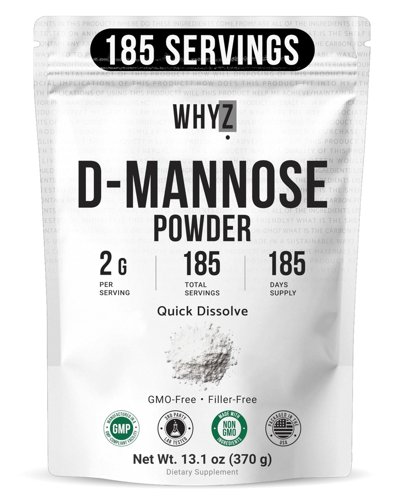 D-Mannose Powder Quick Dissolve Pure Premium Mannose Supplement Essential Powder for Supports Urinary Tract and Bladder Quick Water Soluble Formula for Drinks and Smoothies Vegan Zero-Additives, 370g
