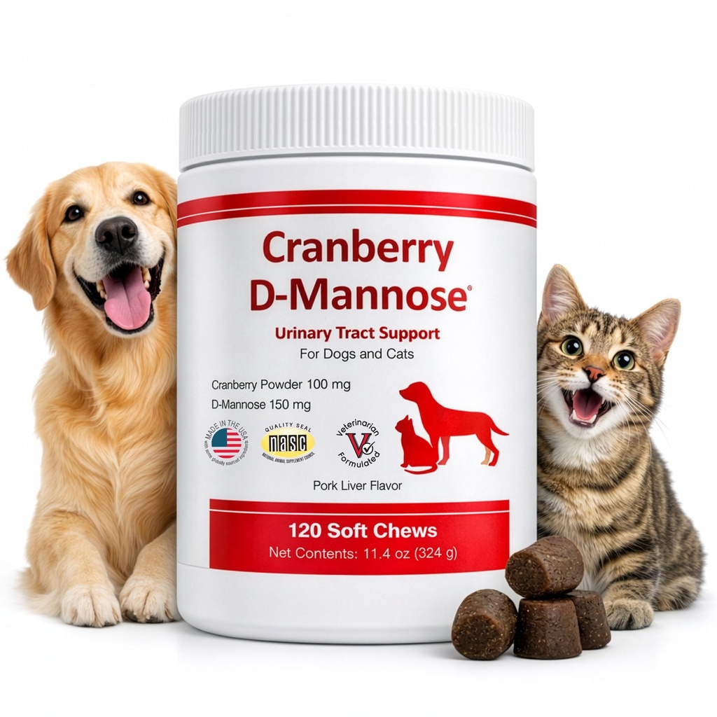 Cranberry D-Mannose Urinary Tract Support Supplement for Cats and Dogs - Cranberry Extract, D-Mannose, Vitamin C - Bladder and UTI Treatment - Made in USA - 120 Soft Chews