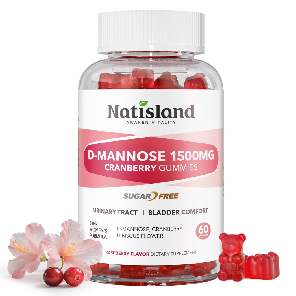 D Mannose with Cranberry Gummies, D-Mannose Supplements 1500mg for Women, with Hibiscus for Urinary Tract Health, Bladder, Liver Support, Sugar-Free, Vegan, Raspberry Flavor, 60 Count