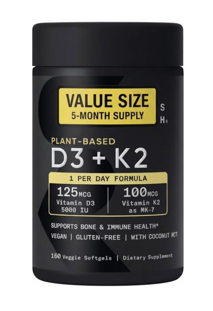 Sports Vitamin D3 K2 with 5000iu of Plant-Based D3 & 100mcg of Vitamin K2 as MK-7, Non-GMO Verified & Vegan Certified - 160 Liquid Softgels - Pack1