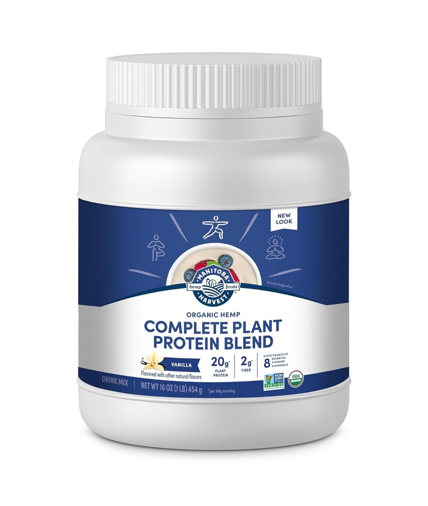 Manitoba Hemp de cosecha Sí Polvo de proteína orgánica de base vegetal, vainilla, 16oz, 20g Proteína de plantas completas (Hemp y Pea), 4g de fibra & 1.9g Omegas 3 implica6 Por ser, no GMO, Vegan, Embalaje Mayo Vary