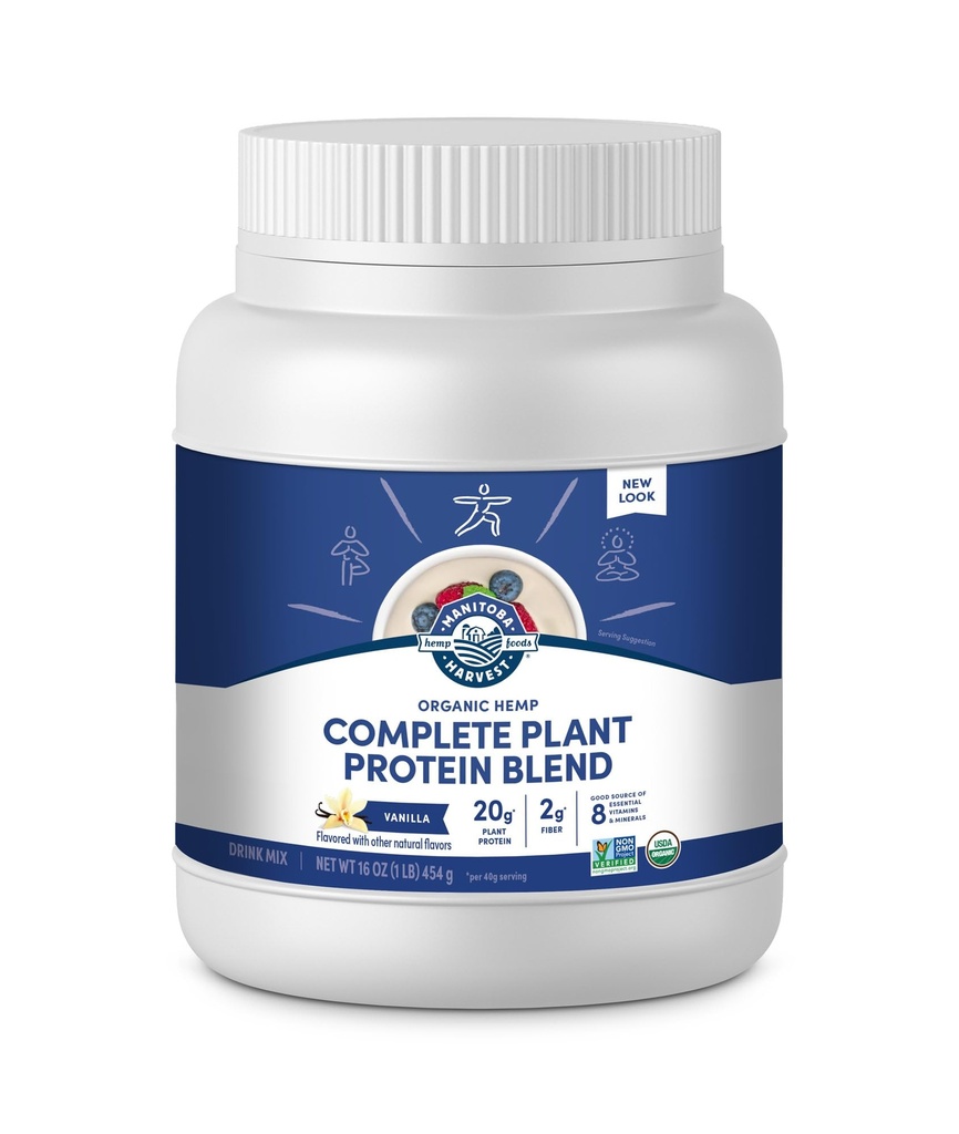 Manitoba Hemp de cosecha Sí Polvo de proteína orgánica de base vegetal, vainilla, 16oz, 20g Proteína de plantas completas (Hemp y Pea), 4g de fibra & 1.9g Omegas 3 implica6 Por ser, no GMO, Vegan, Embalaje Mayo Vary