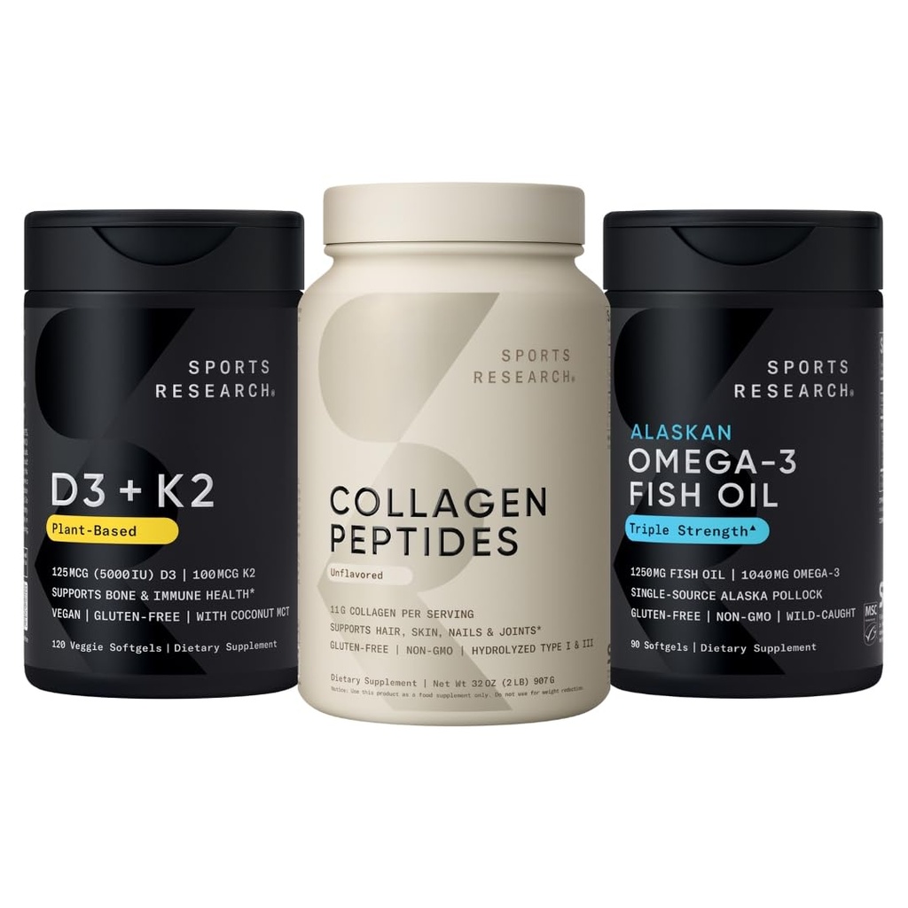 Sports Research® Multivitamins Pack - Collagen Peptides Type 1 & 3 Powder + Vitamin D3 + K2 5000IU + Omega-3 Fish Oil 1250
