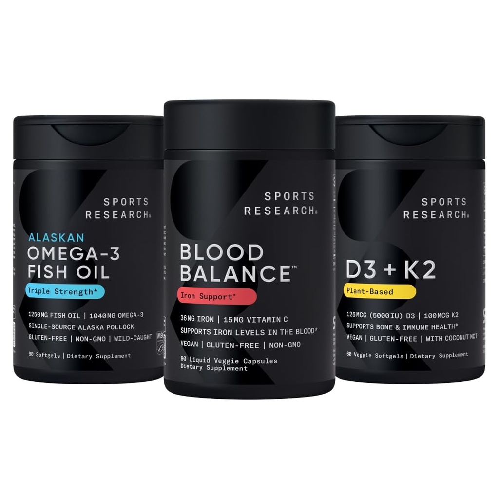 Sports Research Blood Control Pack - Blood Balance Iron Supplement - 36 MG Iron + Folate & Vitamin C for Absorption + Omega-3 Fish Oil 1250 + Vitamin D3 + K2 5000 IU
