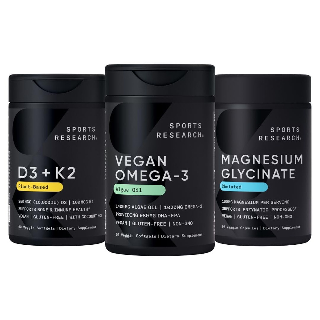 Sports Research® Vegan Supplements Pack - Vegan Omega-3 Fish Oil Alternative from Algae Oil + Vitamin D3 + K2 + Magnesium Glycinate