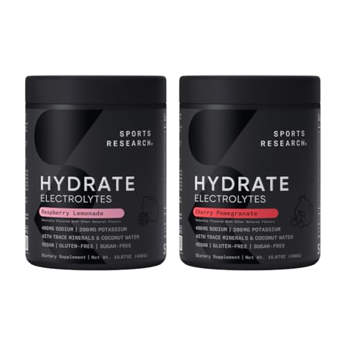 Sports Research Hydrate Electrolytes Powder - Sugar-Free & Naturally Flavored with Vitamins, Minerals, and Coconut Water - Supports Hydration - Raspberry Lemonade & Cherry Pomegranate