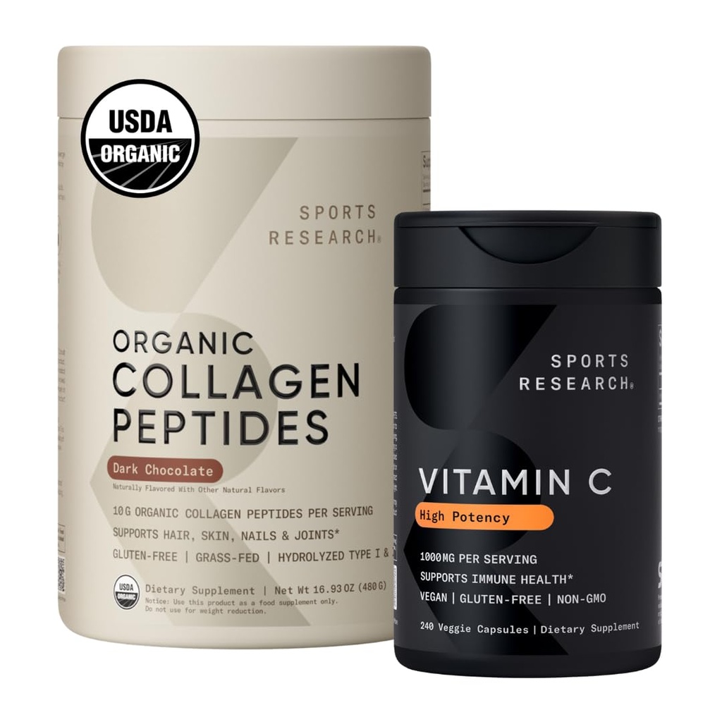 Sports Research® Collagen Pro Pack - Organic Collagen Powder - Hydrolyzed Type I & III + High Potency Vitamin C Supplement