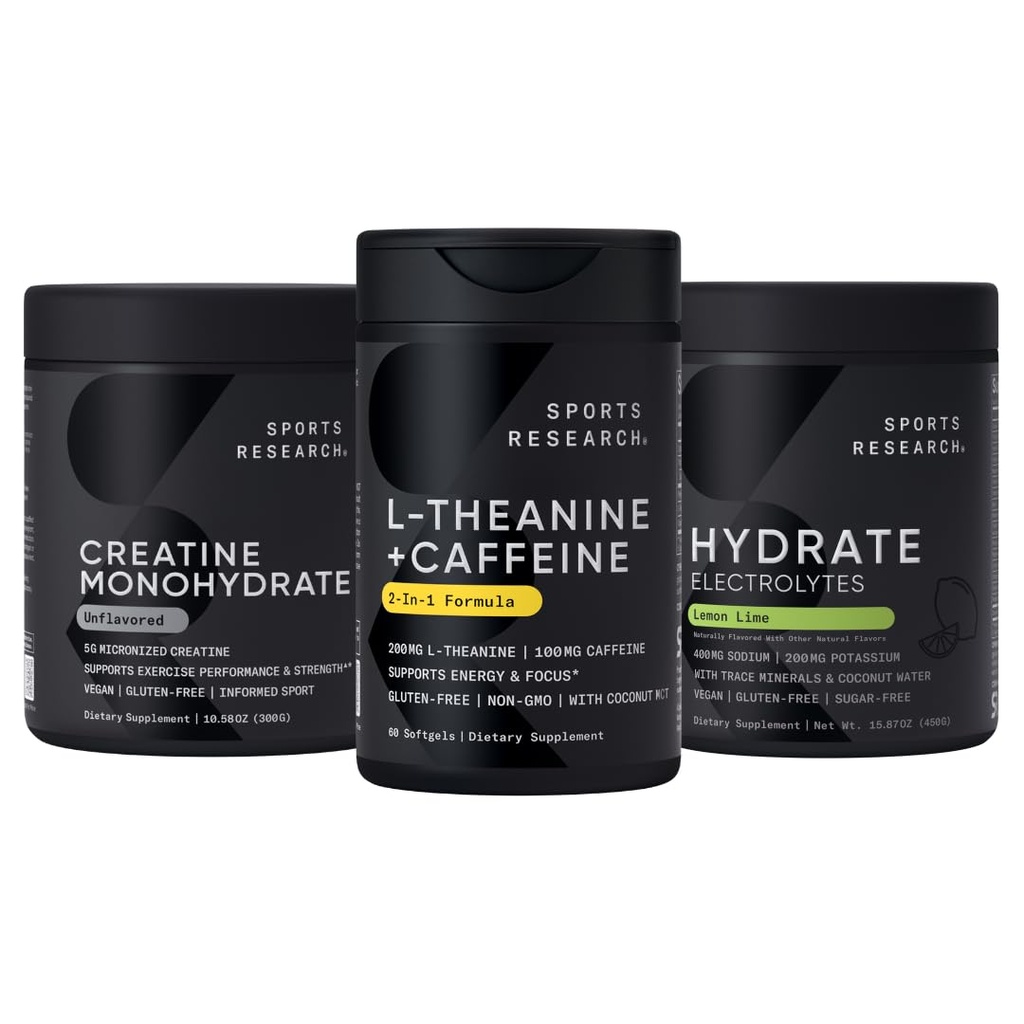 Sports Research® Pre Workout Pack - Creatine Monohydrate 10.58 oz + L-Theanine 200mg with Caffeine + Hydrate Electrolytes Lemon Lime