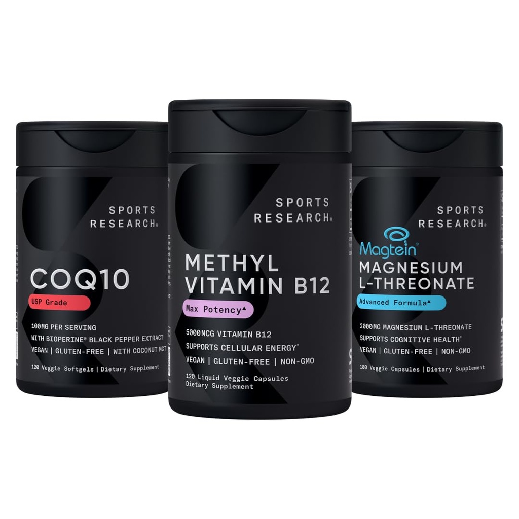 Sports Research® Celular Energy Pack - Plant Based Vitamin B12 as Methylcobalamin 5000mcg + CoQ10 100mg Enhanced w/Coconut Oil & Bioperine + High-Absorption Magtein® 2000mg