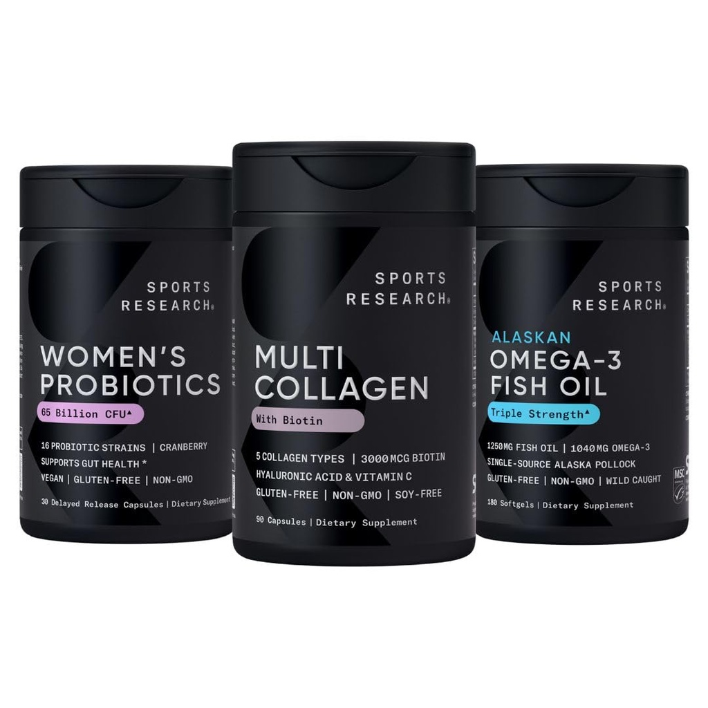 Sports Research® for Her Pack - Biotin-Infused Collagen Peptides Complex + Women's Probiotics with Prebiotics + Triple Strength Omega 3 Fish Oil