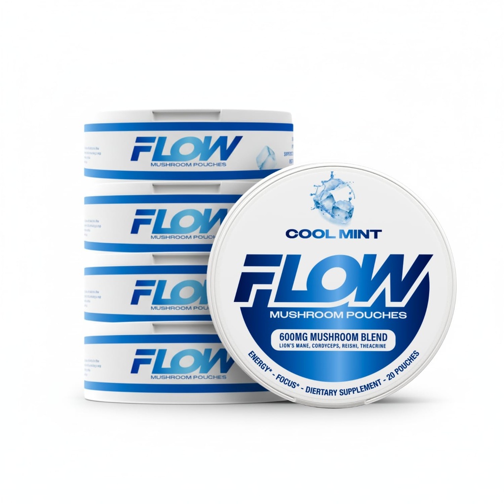 Flow Pouches Mushroom Nootropic Pouches - 600mg Organic Mushroom Energy Ultra Pouches with Lion's Mane, Reishi, Cordyceps for Focus & Clean Energy - Zero Caffeine or Sugar (5 Can Pack, Cool Mint)
