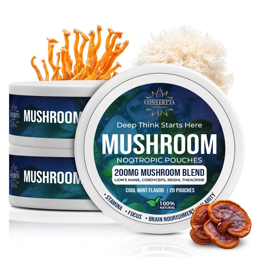 CONVERTTA Mushroom Nootropic Pouches - 200mg Nicotine-Free, Caffeine-Free Organic Mushroom Energy Ultra Pouches with Lion's Mane, Reishi, Cordyceps for Focus & Clean Energy - (3, Cool Mint)